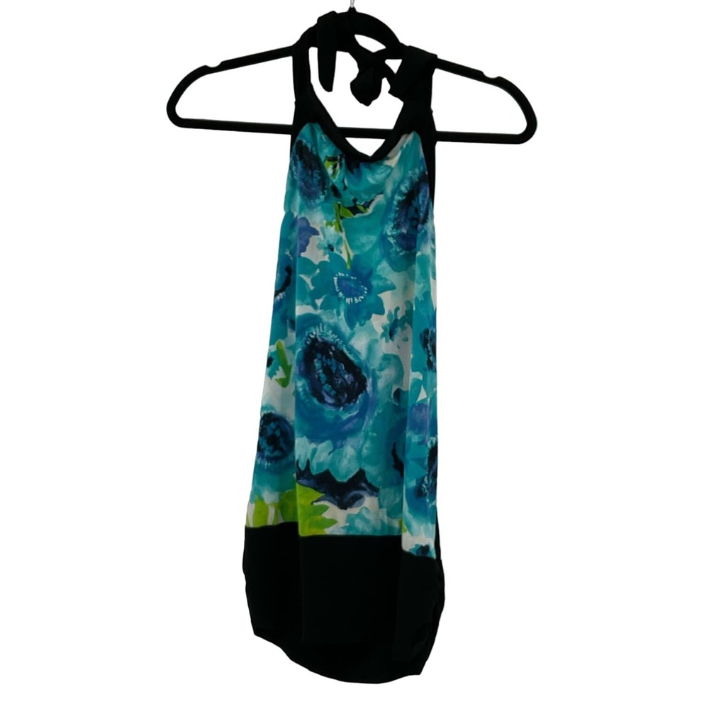 Gidani USA Womens Halter Top Large Blue Teal‎ Floral Watercolor Tie Neck